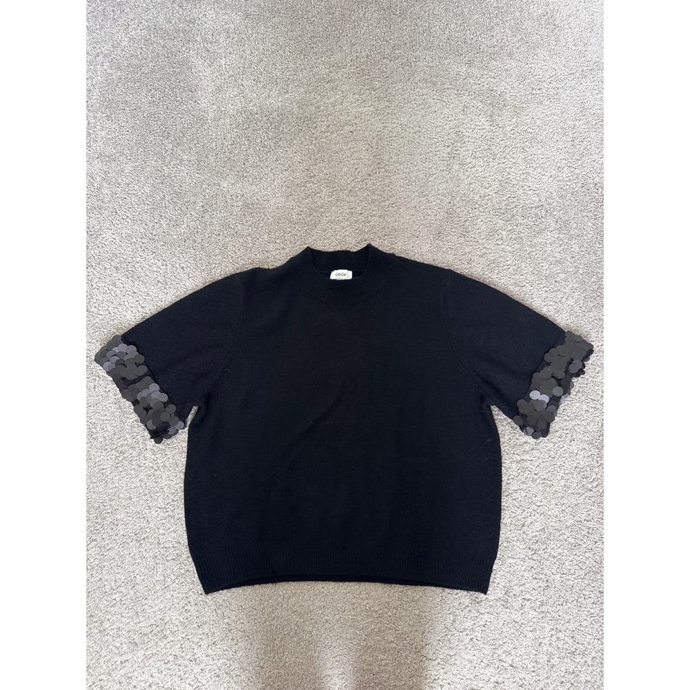 CeCe Black Sequin Cuff Short Sleeve‎ Mock Neck Knit Sweater Top XL